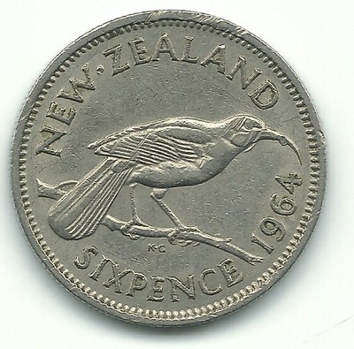 1964 New Zealand 6 Six Pence Queen Elizabeth Huia Bird BU Coin