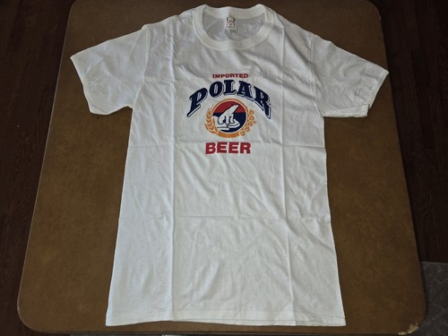 RARE VTG C 70'S IMPORTED POLAR BEER WHITE GRAPHIC SINGLE STICH SIZE M VENEZUELA