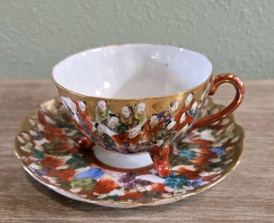 Антикварная изысканная японская чайная чашка и блюдце периода Сацума Мэйдзи с ручной росписью - Изображение 2 из 4