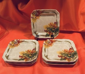 222 Fifth Avenue PTS Autumn Celebrations Square Appetizer Plates Set Of 7 Retire