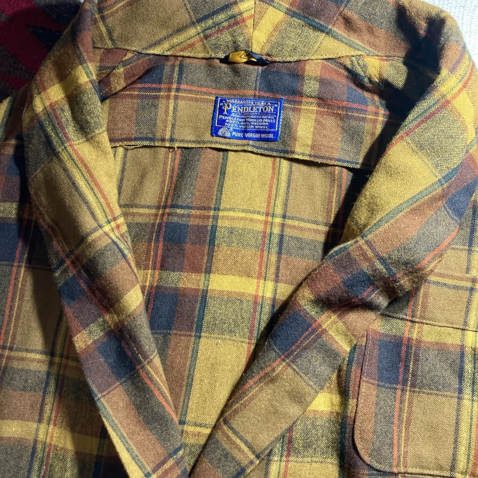 Abrigo de casa vintage Pendleton bata para hombre MEDIANO amarillo negro lana a cuadros con cinturón años 60 Foto 2 de 4