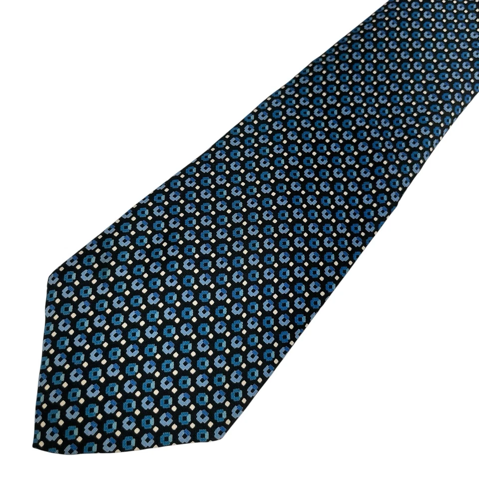 Corbata para hombre Hermes geométrica ombre negra/azul satinada seda 656 OA 4" (W) 55" (L) usada en excelente estado Foto 4 de 4