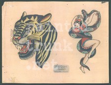 RARE old copy 1930s antique bert grimm tiger snake production tattoo flash 11x14