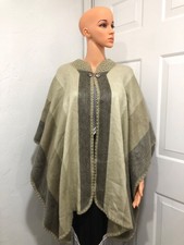Beautiful ALPACA Wool Open Front Poncho Neutral OLIVE-BEIGE GREY Striped ONE Sz
