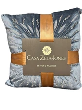 2 New Without Tags Blue Casa Zeta Jones Metallic Beaded Suede Pillows 15”x15”