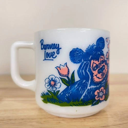 VTG Barney Bear Milkglass Coffee Mug Rabbit Love Conquers All 1970's Hazel Atlas
