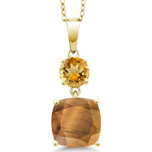 Authentic 18K Yellow Gold Plated Silver Brown Tiger Eye and Citrine Pendant (4.30 Cttw)