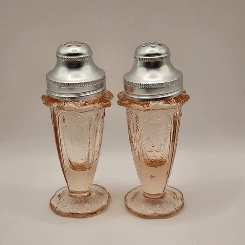 Vintage Jeanette Co Pink Depression Glass Cherry Blossom Pattern Salt & Pepper