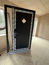 REHAU uPVC Front Entrance Door with Sidelite Glazed Frosted 210x125  grey/White