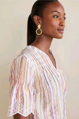 SOFT SURROUNDINGS Ciel Metallic Stripe Scalloped Eyelet Embroidered Top 2 XL NWT - Picture 5 of 12