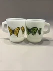 Vtg 2 Anchor Hocking  Milk Glass Yellow /Green Butterfly Coffee Mugs USA 70’s