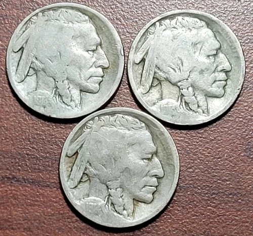 (3) 1914-S Buffalo Nickels FULL DATE Good Orig Toning Problem-Free Better Date