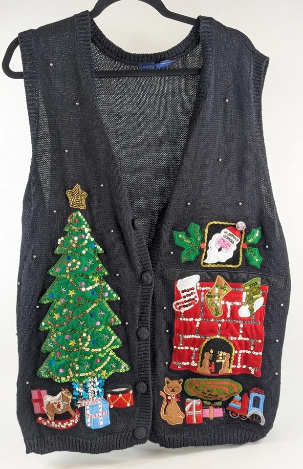 Vtg Basic Editions Ugly Christmas Vest Women’s 2X Black Holiday Sweater Cardigan - Image 4 of 4