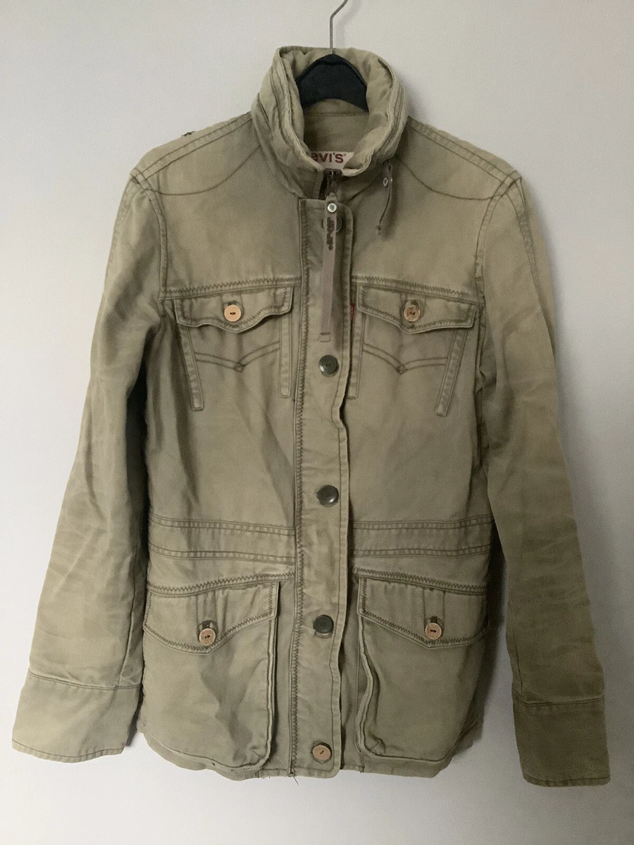 Levi s Size Small Canvas Denim Style Military Jacket Green Khaki Collared Hood