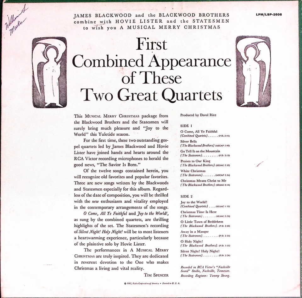 BLACKWOOD BROTHERS AND THE STATESMEN A MUSICAL MERRY CHRISTMAS VINYL LP 218-66 - Image 2 of 4