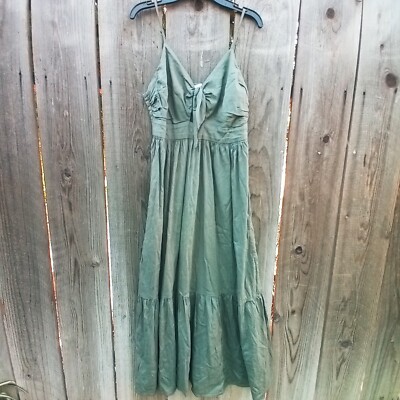 Gap Tie-Front Keyhole Tiered Maxi Dress S Olive Green Pullover V-Neck Smocked