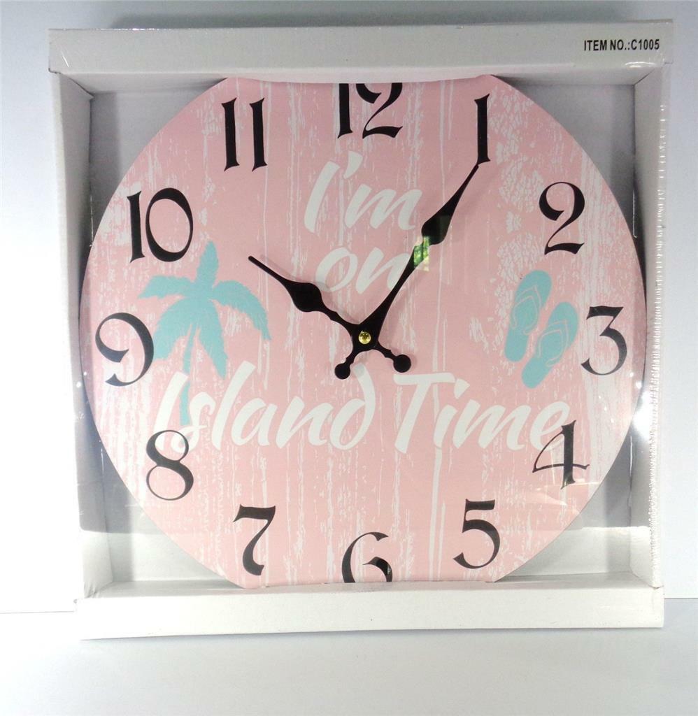 NAUTICAL I'M ON ISLAND TIME PINK WALL CLOCK WITH A AQUA PALM TREE & FLIP FLOPS