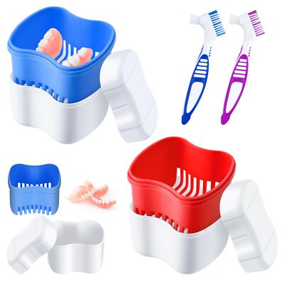 Denture Bath Cups with 2 Denture Cleaner Brushes Retainer Cleaner Case Container