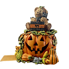 Vintage 2000 Plaster Resin Halloween Ghost Teddy Bear w Pumpkins 9.75  