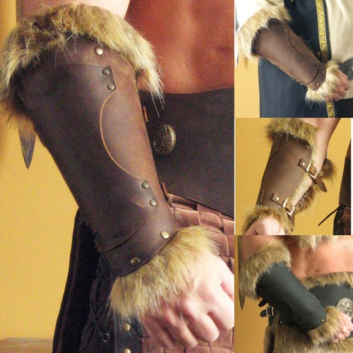 Medieval Retro Leater Bracers Faux Fur Edge Arm Armour Sleeve Wrist Guard - Afbeelding 2 van 9