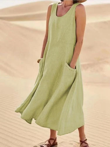 Women's Cotton Linen Maxi Dress Ladies Solid Pockets Sleeveless Summer Sundress - Picture 5 of 34