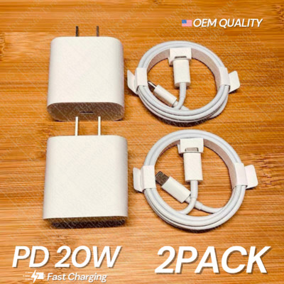 2 Pack For iPhone 14/13/12/11/iPad USB Type C Fast Charger 20W PD Adapter Cable