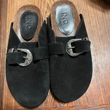 I.N.C. Wenna Boho Black Suede Slip On Clogs with Silver Western Buckles Size 6.5