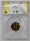 1957-D Lincoln Wheat Cent - ANACS Grade MS66 RB (Red Brown) - FREE SHIPPING!