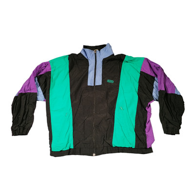 Jako Sport Shell Jacket Black Green Blue Large Neon Vintage 90s Lined Festival