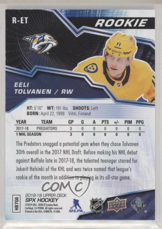 2018-19 SPx Rookies Spectrum /11 Eeli Tolvanen #R-ET RC - Image 2 of 2