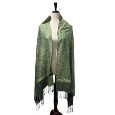 NWOT Light Green and Blue Paisley Fringed Boho Pashmina Shawl Wrap Reversible