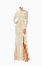 Mac Duggal Sequined Ruched Long Sleeve Boat Neck Gown in Pearl Size 14 NWT