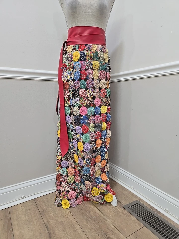 Vintage Yo-Yo Quilt Skirt Maxi Handmade Patchwork Cotton Fabric Circles Boho Art - Image 2 of 4