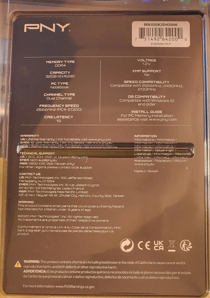 NEW Sealed PNY 32GB (2 x16 GB) sodimm DDR4 2666Mhz, 2400MHz, 2133MHz 1.2V - Image 2 of 2
