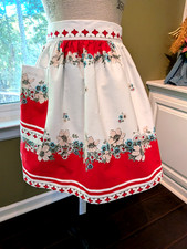 KITCHEN APRON w/Pocket hm w/VTG -USA Tablecloth w/Pretty Flowers on RED borders