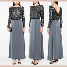 NWT $950 Sachin & Babi [ 14 ] Colette Belted Sequin & Satin Gown Gunmetal J1549