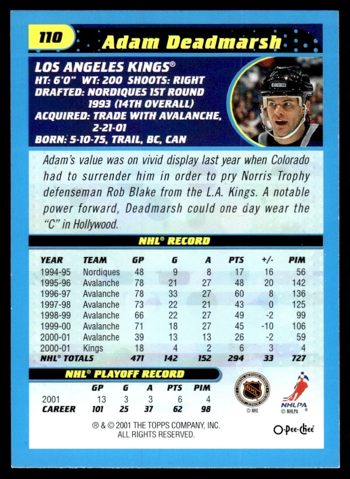 2001-02 O PEE CHEE RETRO Adam Deadmarsh Los Angeles Kings #110 - Image 2 of 2