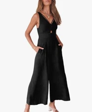 ANRABESS Women's Summer Wide Leg Linen Jumpsuits Dressy V Neck Sleeveless (M)