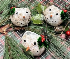 3 Primitive Style Snowman Head Christmas Ornaments Holiday Decor Rustic Handmade
