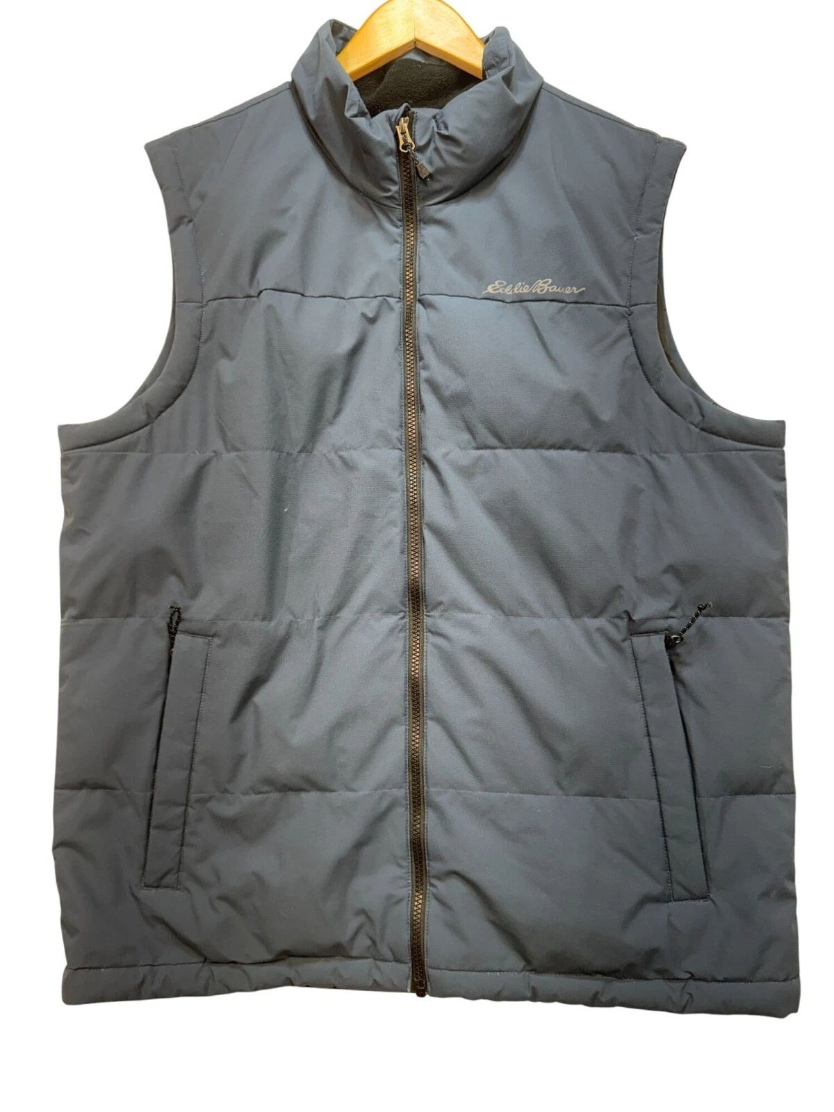 Eddie Bauer Mens Puffer Vest Size L Navy Blue Goose Down Full Zip Quilted