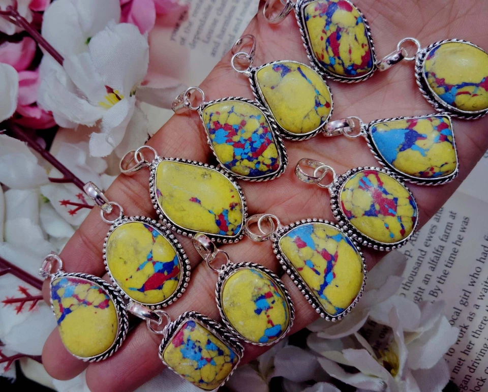 Colgante de piedras preciosas de jaspe de mosaico sintético / Lote de colgantes étnicos hechos a mano de diseñador ~ Foto 2 de 4