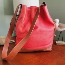 Furla Drawstring Bucket Bag Red Leather With Tan Brown Leather Trim