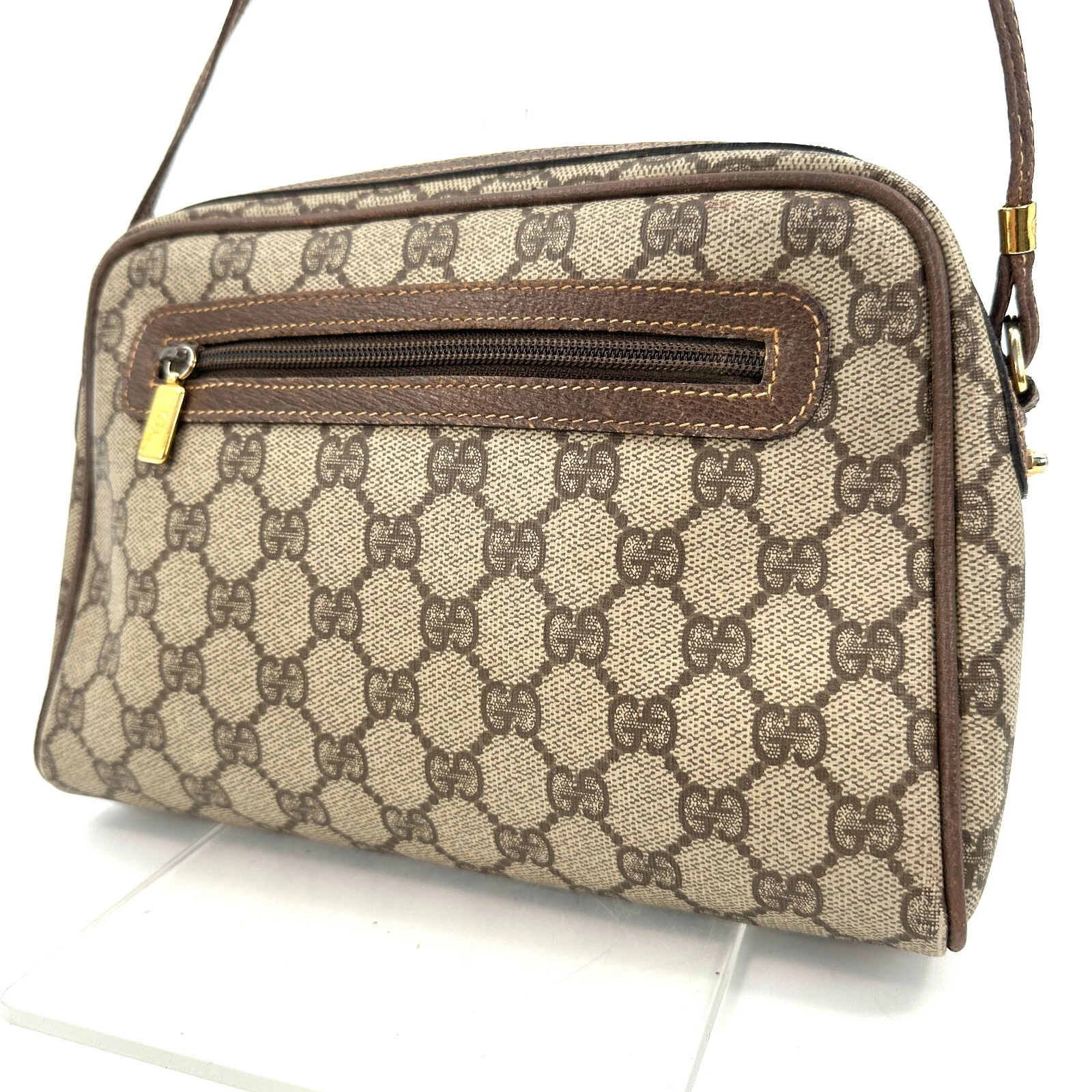 Sac bandoulière Gucci GG Supreme marron PVC cuir authentique