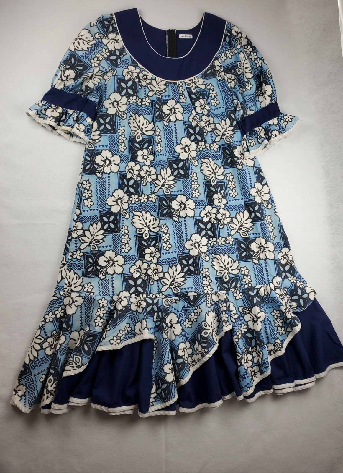 Vtg Winnie Fashion Blue Hawaiian Hibiscus Dress MuuMuu Kimono Womens XL