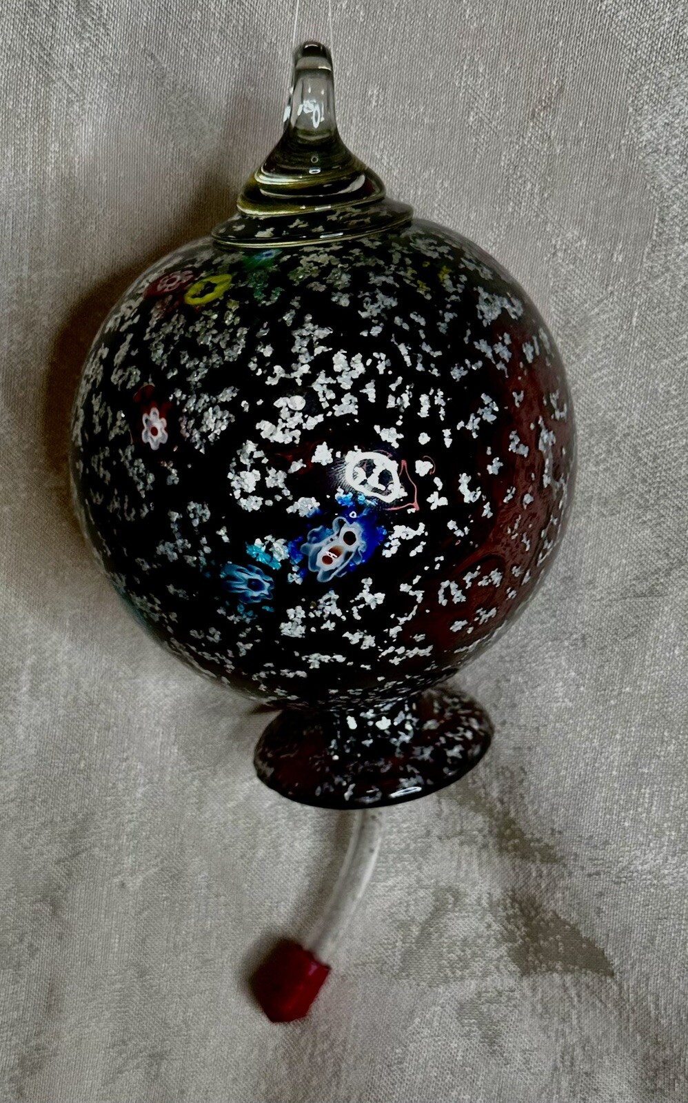 Murano Style Hand Blown Glass Purple W/Silver Fleck & Flowers Hummingbird Feeder