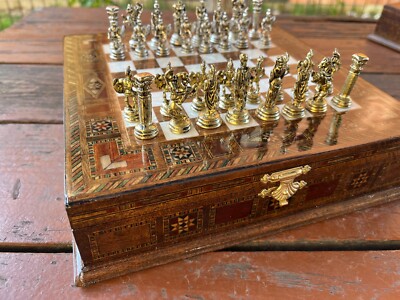 Pearl Chessbox w Unique Chessboard - Historical Chess Piece - Handmade Game Set