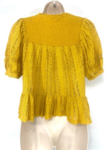 MANGO Yellow Lace Retro Boho COTTON Blend Women's Cropped Blouse UK 12 14 M - Picture 3 of 3