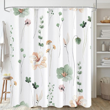 Watercolor Floral Shower Curtain, Sage Green Beige Flower Shower Curtain for Bat