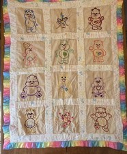 Vintage 1980s Handmade Care Bears Baby Quilt Blanket 12 Hand Embroidered Bears