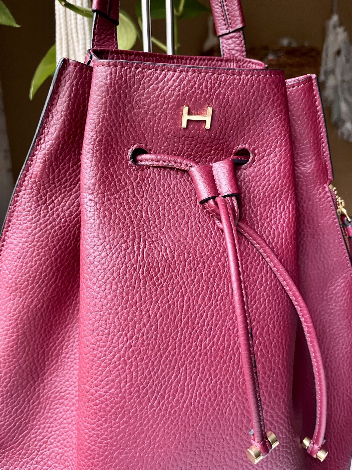 Halston Maroon Leather Drawstring Backpack with G… - image 3